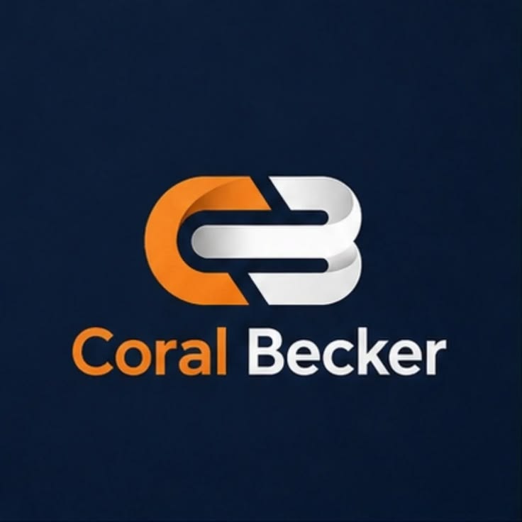 Coral Becker logo mark in orange and white on a navy background