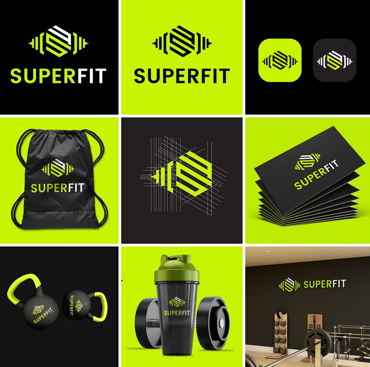 SuperFit gym brand identity across bags, cards and signage