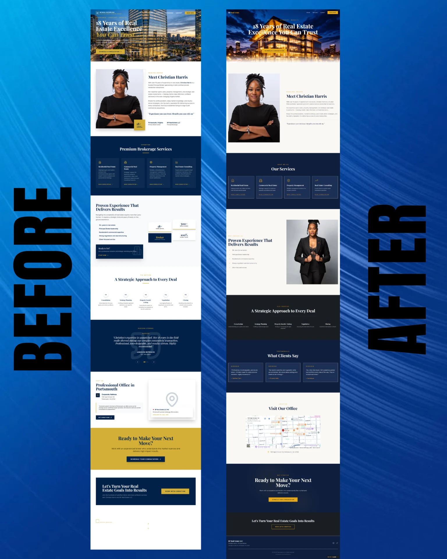 Before and after redesign of a real estate landing page in navy and gold