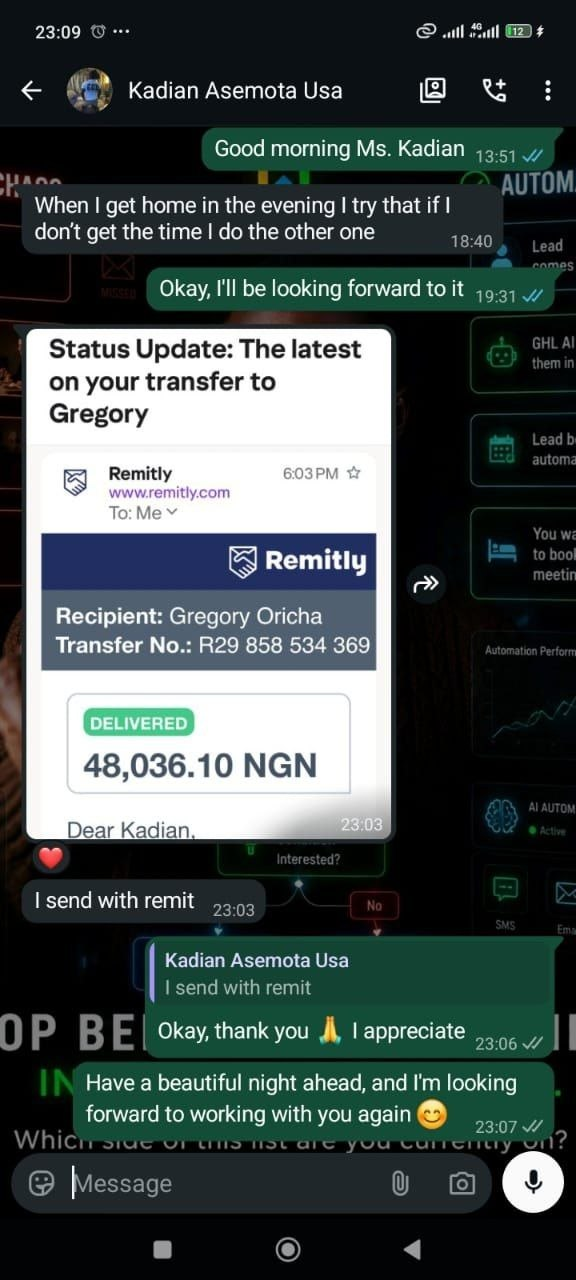 Chat screenshot showing a client confirming a delivered payment