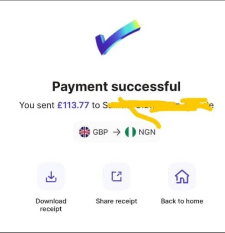 Screenshot of a successful GBP to NGN payment