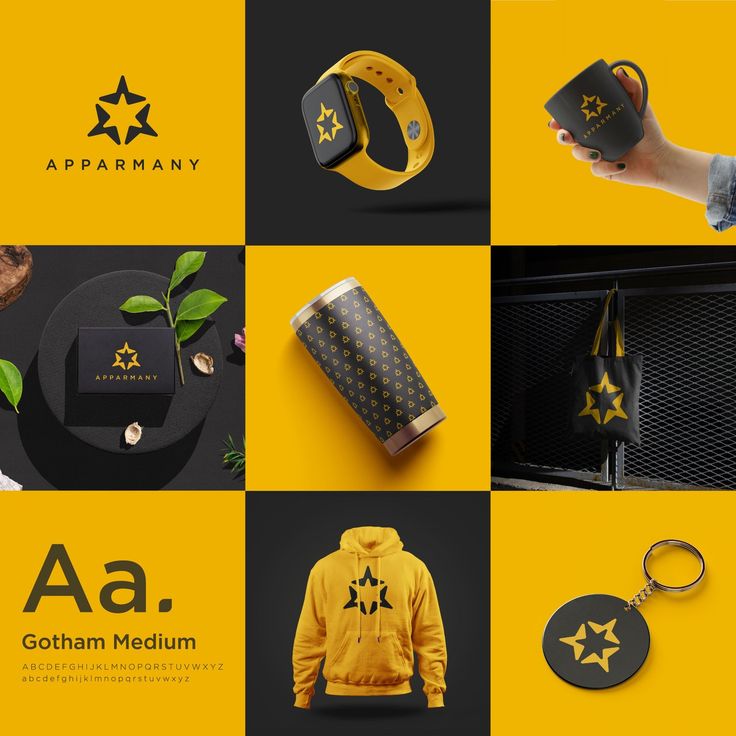 Apparmany branding across mug, tumbler, hoodie and business cards in yellow and black