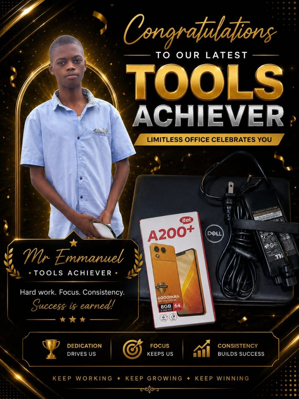 Congratulations design celebrating a learner who earned a laptop and phone