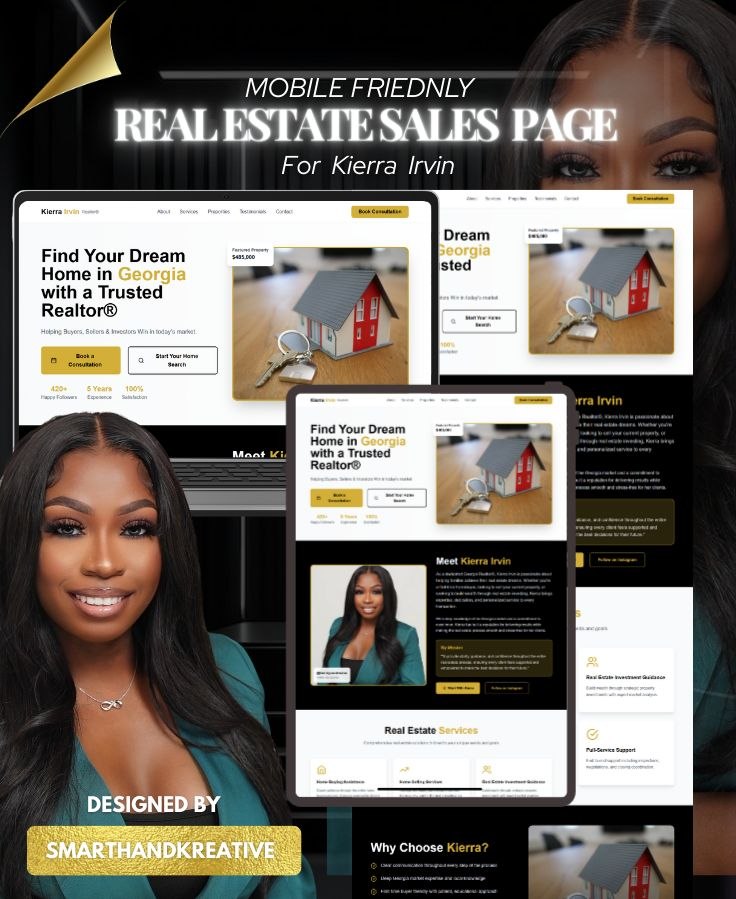 Mobile friendly real estate sales page for Kierra Irvin shown across devices