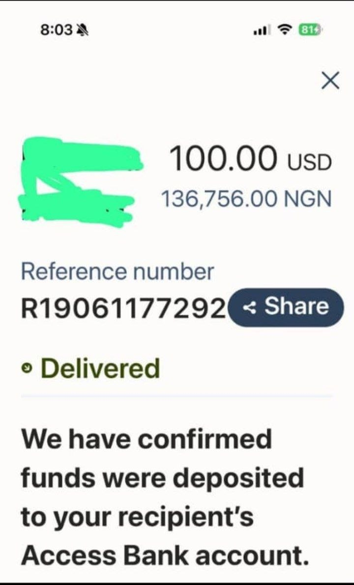 Screenshot of a 100 USD payment confirmation