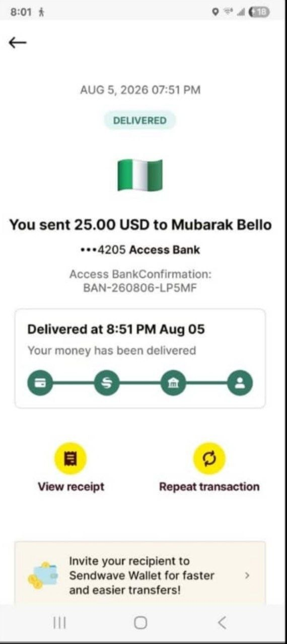 Screenshot of a 25 USD transfer confirmation
