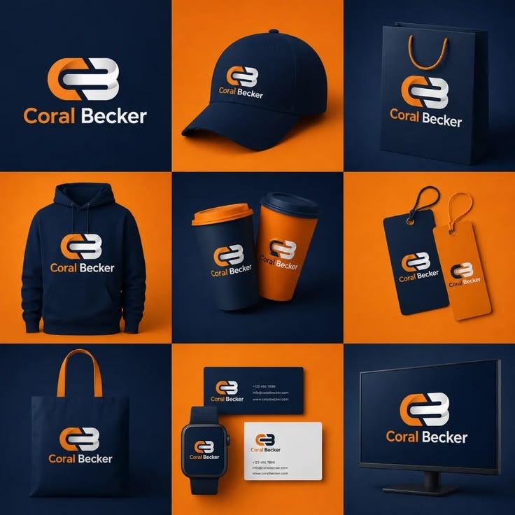 Coral Becker brand identity applied to cap, tote bag, cups and stationery
